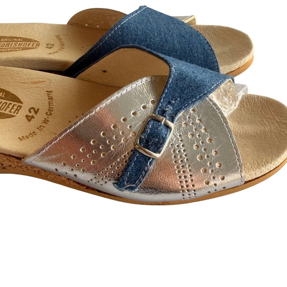 Worishofer 251 Silver Leather Blue Denim Cork Wedge Sandals Womens 42 Germany